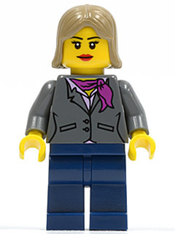 LEGO® Minifigurák cty0329 - Dark Bluish Gray Jacket with Magenta Scarf, Dark Blue Legs, Dark Tan Female Hair