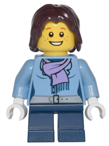 LEGO® Minifigurák cty0331 - Medium Blue Jacket with Light Purple Scarf, Dark Blue Short Legs, Dark Brown Mid-Length Tousled Hair