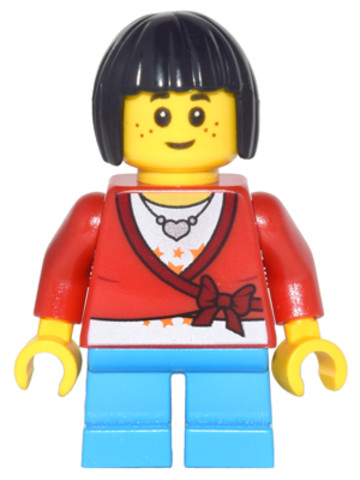 LEGO® Minifigurák cty0437 - Sweater Cropped with Bow, Heart Necklace, Dark Azure Short Legs, Black Bob Cut Hair