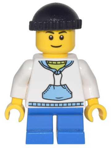 LEGO® Minifigurák cty0438 - White Hoodie with Blue Pockets, Blue Short Legs, Black Knit Cap