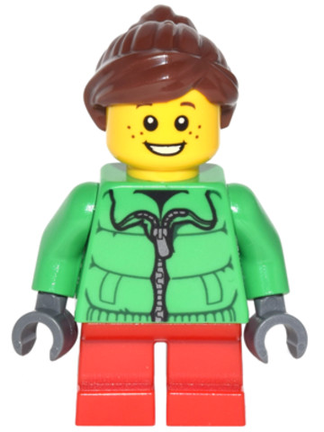 LEGO® Minifigurák cty0439 - Winter Jacket Zipper, Red Short Legs, Reddish Brown Ponytail and Swept Sideways Fringe