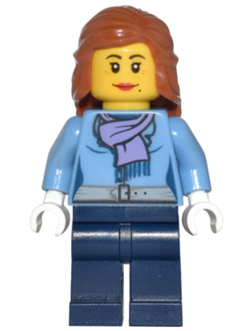 LEGO® Minifigurák cty0443 - Medium Blue Jacket with Light Purple Scarf, Dark Blue Legs, Dark Orange Female Hair Mid-Length
