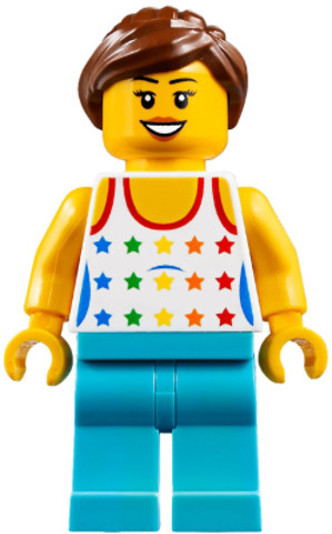 LEGO® Minifigurák cty0819 - Shirt with Female Rainbow Stars Pattern, Medium Azure Legs, Reddish Brown Ponytail Hair, Black Eyebr