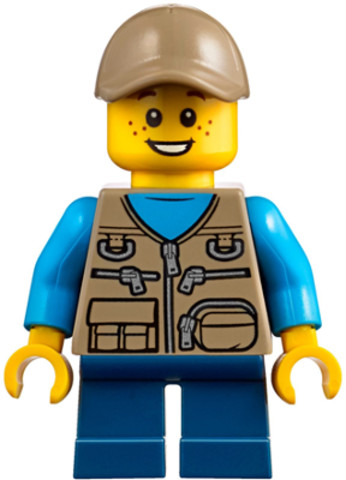 LEGO® Minifigurák cty0845 - Child - Boy, Dark Tan Vest over Dark Azure Shirt, Dark Blue Short Legs, Dark Tan Cap, Freckles