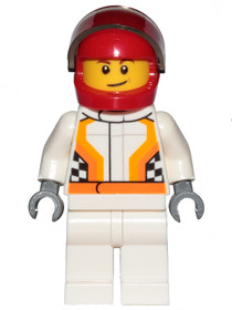 Race Car Driver, White Racing Suit with Orange Stripes and Checkered Pattern, Red Helmet, Crooked Sm