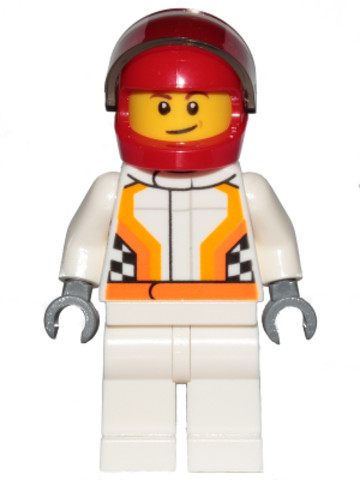 LEGO® Minifigurák cty0874 - Race Car Driver, White Racing Suit with Orange Stripes and Checkered Pattern, Red Helmet, Crooked Sm