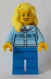 Fair Isle Sweater, Bright Light Yellow Female Hair over Shoulder, Blue Legs