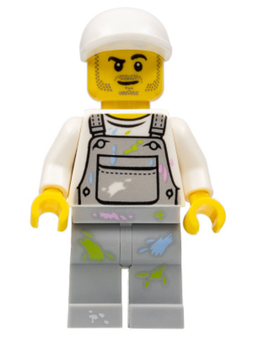 LEGO® Minifigurák cty0897 - Painter - Male, Light Bluish Gray Overalls with Paint Splotches, White Cap, Stubble