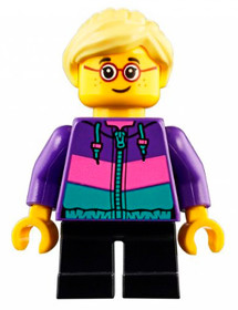 Child - Girl, Dark Purple Jacket, Black Short Legs, Bright Light Yellow Ponytail, Glasses, Freckles