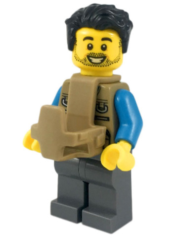LEGO® Minifigurák cty0919 - Camper - Male, Dark Tan Vest over Dark Azure Shirt, Dark Bluish Gray Legs, Black Tousled Hair, Dark 