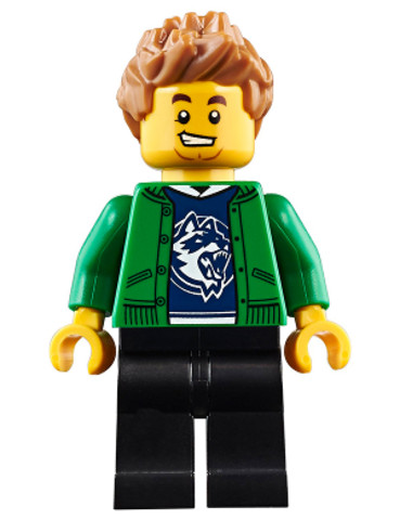 LEGO® Minifigurák cty0920 - Hiker, Male, Green Jacket over Raccoon Shirt, Black Legs, Medium Nougat Spiked Hair
