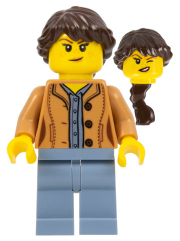 LEGO® Minifigurák cty0921 - Nature Photographer - Female, Medium Nougat Jacket, Sand Blue Legs, Dark Brown Hair Ponytail Long Fr