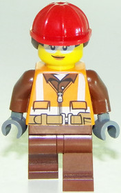 Construction Worker - Female, Orange Safety Vest, Reflective Stripes, Reddish Brown Shirt and Legs, 