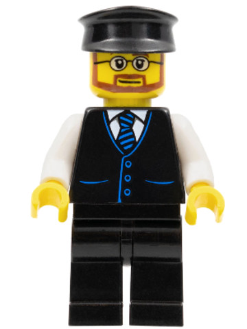 LEGO® Minifigurák cty0944 - Bus Driver - Male, Black Vest with Blue Striped Tie, Black Legs, Black Hat, Glasses and Beard