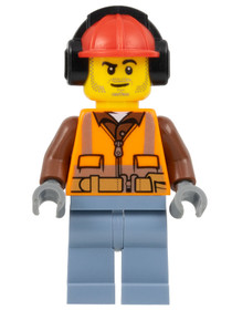 Construction Worker - Male, Orange Safety Vest, Reflective Stripes, Reddish Brown Shirt, Sand Blue L