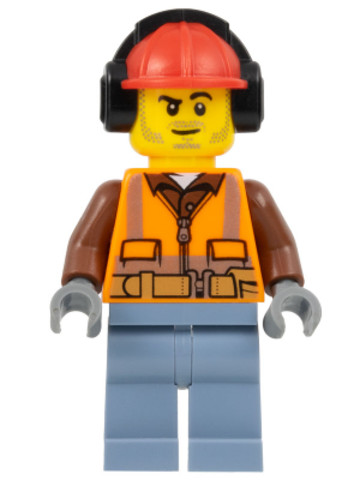 LEGO® Minifigurák cty0955 - Construction Worker - Male, Orange Safety Vest, Reflective Stripes, Reddish Brown Shirt, Sand Blue L