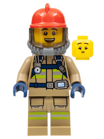 Fire - Reflective Stripes, Dark Tan Suit, Red Fire Helmet, Open Mouth, Breathing Neck Gear with Blue