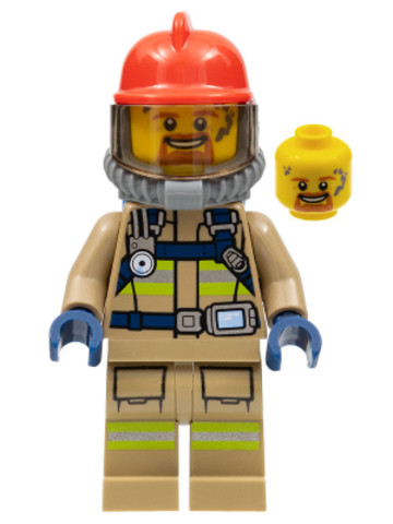 LEGO® Minifigurák cty0962 - Fire - Reflective Stripes, Dark Tan Suit, Red Fire Helmet, Open Mouth with Goatee, Breathing Neck Ge