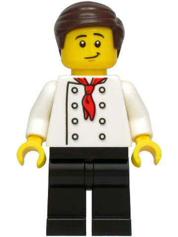 LEGO® Minifigurák cty0964a - Burger Chef - White Torso with 8 Buttons, No Wrinkles Front or Back, Black Legs, Dark Brown Hair