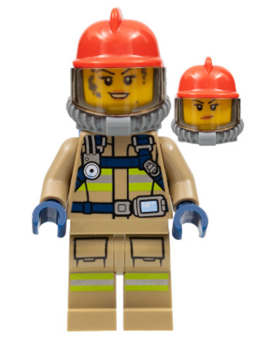 LEGO® Minifigurák cty0967 - Fire - Reflective Stripes, Dark Tan Suit, Red Fire Helmet, Open Mouth with Peach Lips and Dirty Face