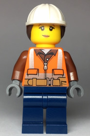 Construction Worker - Female, Orange Safety Vest, Reflective Stripes, Reddish Brown Shirt, Dark Blue