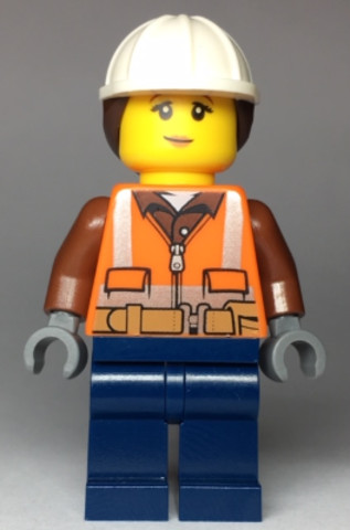 LEGO® Minifigurák cty0969 - Construction Worker - Female, Orange Safety Vest, Reflective Stripes, Reddish Brown Shirt, Dark Blue