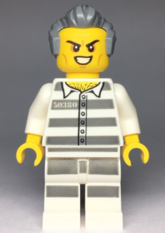LEGO® Minifigurák cty0978 - Sky Police - Jail Prisoner 50380 Prison Stripes, Scowl with Teeth, Dark Bluish Gray Hair with Sidebu