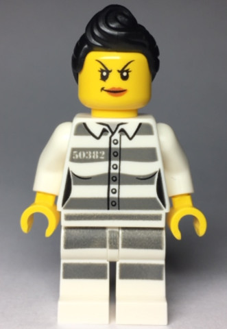 LEGO® Minifigurák cty0979 - Sky Police - Jail Prisoner 50382 Prison Stripes, Female, Scowl with Peach Lips, Black Ponytail