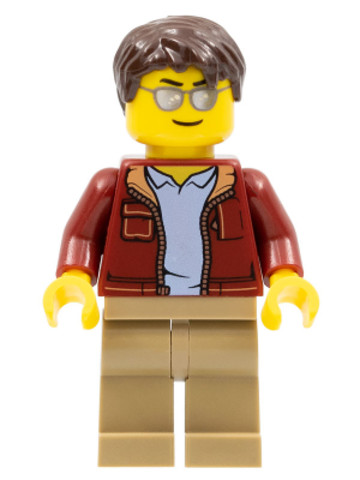 LEGO® Minifigurák cty0985 - Man, Dark Red Jacket with Bright Light Blue Shirt, Dark Tan Legs, Dark Brown Short Tousled Hair, Sun