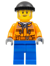 Snow Groomer Operator - Male, Orange Safety Jacket, Reflective Stripe, Sand Blue Hoodie, Blue Legs, 