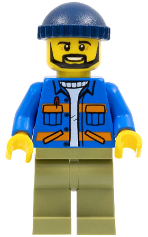 LEGO® Minifigurák cty0996 - Dock Worker, Male, Blue Jacket with Diagonal Lower Pockets and Orange Stripes, Olive Green Legs, Dar