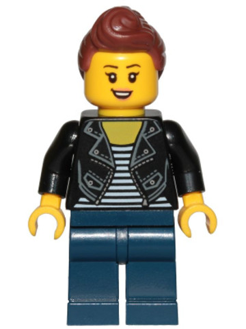 LEGO® Minifigurák cty1022 - Teenage Girl, Black Jacket and White Shirt with Black Stripes, Dark Blue Legs, Reddish Brown Hair Fe