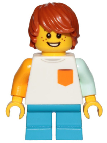 LEGO® Minifigurák cty1023 - Boy, Freckles, White Shirt with Orange Pocket, Dark Azure Short Legs, Dark Orange Hair Tousled with 