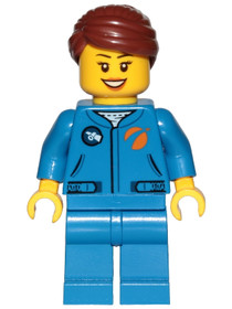 Astronaut - Female, Blue Jumpsuit, Reddish Brown Hair Swept Back Into Bun, Open Mouth Smile
