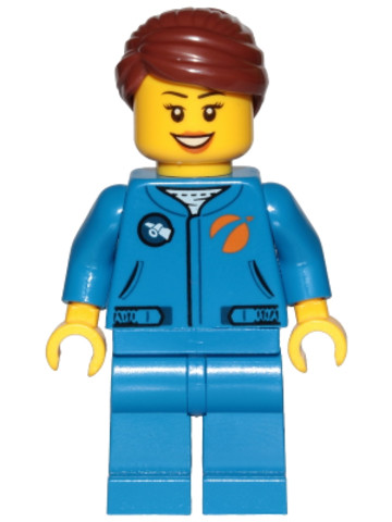 LEGO® Minifigurák cty1036 - Astronaut - Female, Blue Jumpsuit, Reddish Brown Hair Swept Back Into Bun, Open Mouth Smile