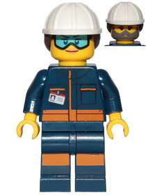 Rocket Engineer - Female, Dark Blue Jumpsuit, White Construction Helmet with Dark Brown Ponytail Hai