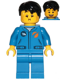 Astronaut - Male, Blue Jumpsuit, Black Hair Short Tousled with Side Part, Queasy and Open Mouth Smil