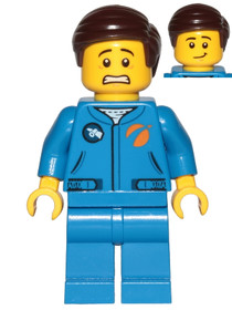 Astronaut - Male, Blue Jumpsuit, Dark Brown Hair Short Combed Sideways Part Left, Scared and Lopside