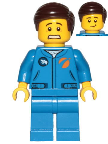 LEGO® Minifigurák cty1041 - Astronaut - Male, Blue Jumpsuit, Dark Brown Hair Short Combed Sideways Part Left, Scared and Lopside