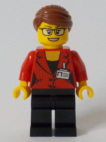 LEGO® Minifigurák cty1045 - Reporter - Female, Red Suit Jacket with ID Badge, Black Legs, Reddish Brown Hair Swept Back into Bun