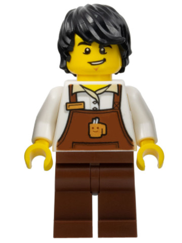 LEGO® Minifigurák cty1048 - Barista - Male, Reddish Brown Apron with Cup and Name Tag, Black Hair