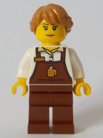 LEGO® Minifigurák cty1049 - Barista - Female, Reddish Brown Apron with Cup and Name Tag, Medium Nougat Hair