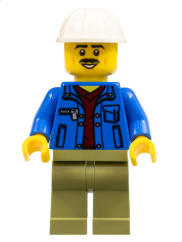 LEGO® Minifigurák cty1050 - Truck Driver - Blue Jacket over Dark Red V-Neck Sweater, Olive Green Legs, White Construction Helmet