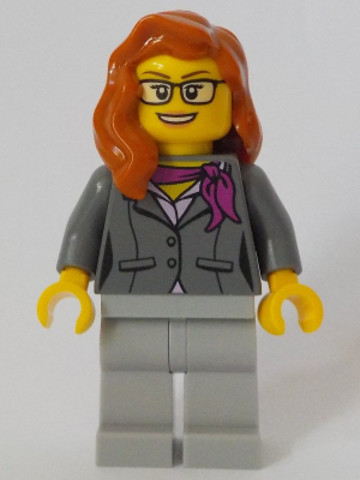 LEGO® Minifigurák cty1058 - Scientist - Female, Dark Bluish Gray Jacket with Magenta Scarf, Dark Orange Female Hair over Shoulde