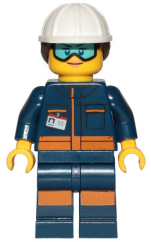 LEGO® Minifigurák cty1060 - Ground Crew Technician - Female, Dark Blue Jumpsuit, White Construction Helmet with Dark Brown Ponyt