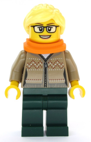 LEGO® Minifigurák cty1084 - Hot Drinks Stand Clerk - Female, Dark Tan Sweater, Scarf, Ponytail
