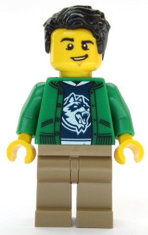 LEGO® Minifigurák cty1086 - Ski Shop Clerk - Male, Green Jacket over Raccoon Shirt, Black Hair