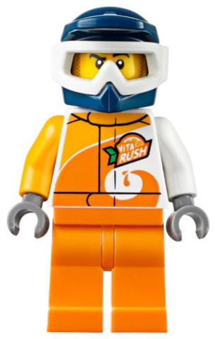 LEGO® Minifigurák cty1096 - ATV Driver - Male, 'ViTA RUSH' Uniform, Orange Legs, Dark Blue Helmet