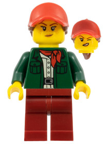 Safari Tourist - Female, Dark Green Jacket, Dark Red Legs, Red Ball Cap with Reddish Brown Ponytail