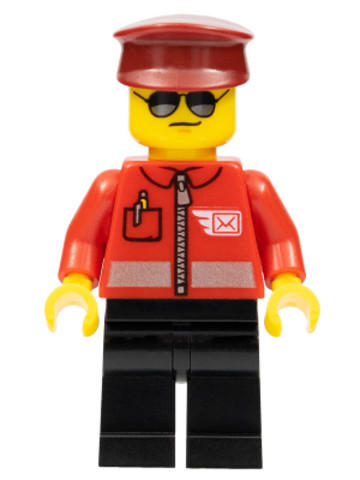 LEGO® Minifigurák cty1106 - Post Office - Airmail Letter Logo and Red Jacket with Zipper, Dark Red Hat, Black Legs, Sunglasses